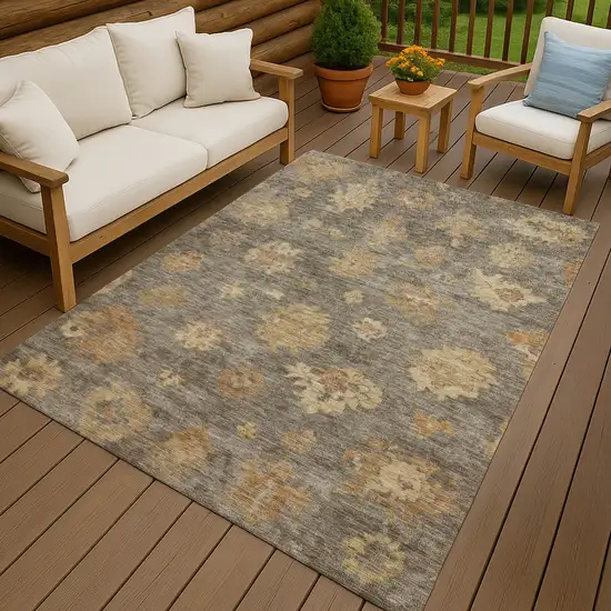 Taupe Beige And Brown Floral Washable Indoor Outdoor Area Rug Photo 9
