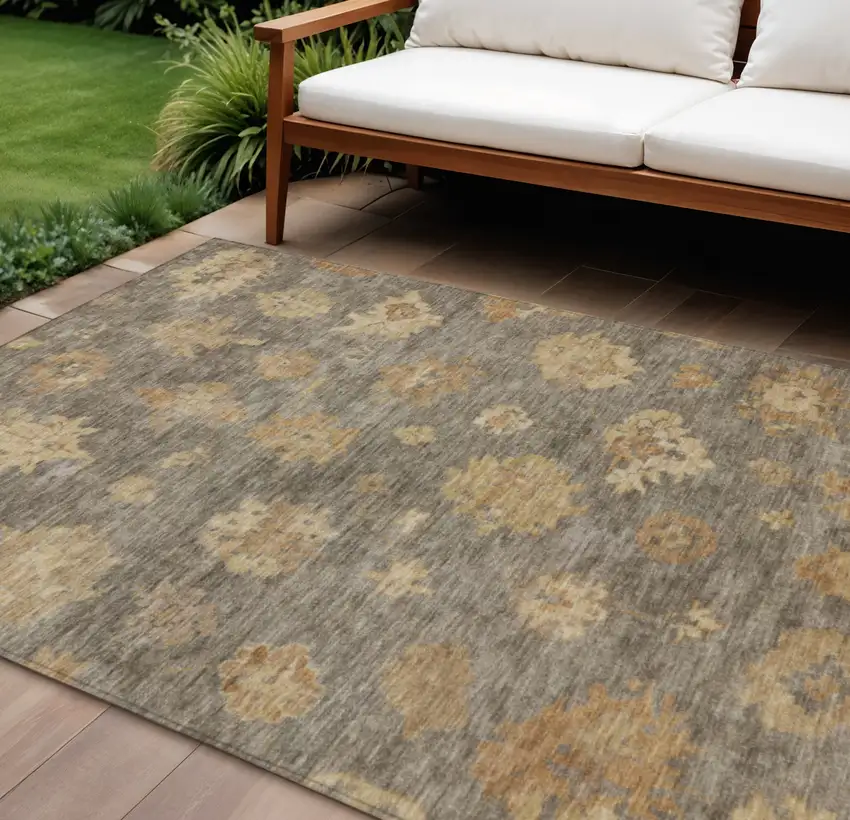 Taupe Beige And Brown Floral Washable Indoor Outdoor Area Rug Photo 1