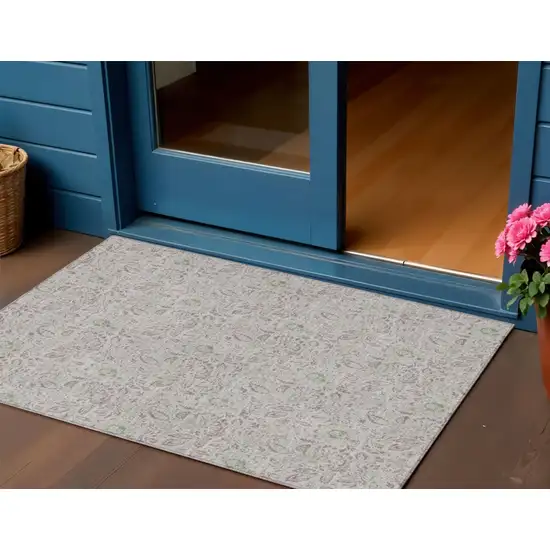 Taupe Beige And Brown Floral Washable Indoor Outdoor Area Rug Photo 1