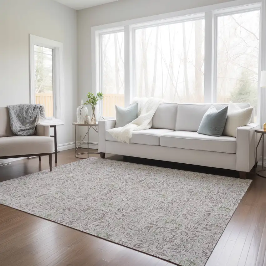 Taupe Beige And Brown Floral Washable Indoor Outdoor Area Rug Photo 8