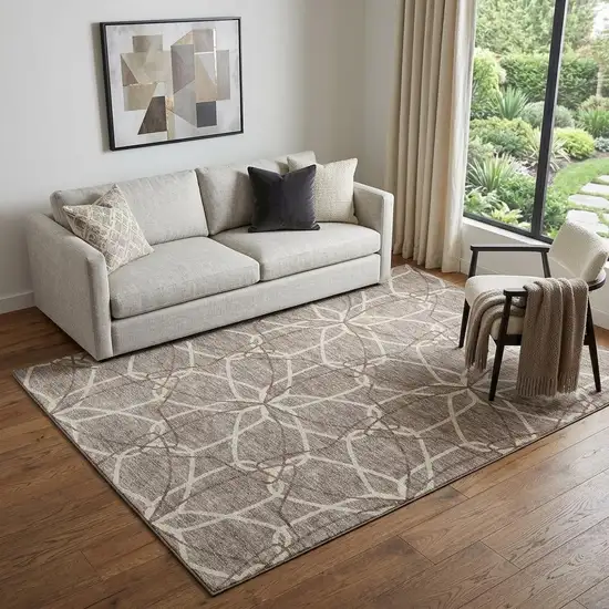 Taupe Beige And Brown Geometric Washable Area Rug With UV Protection Photo 1