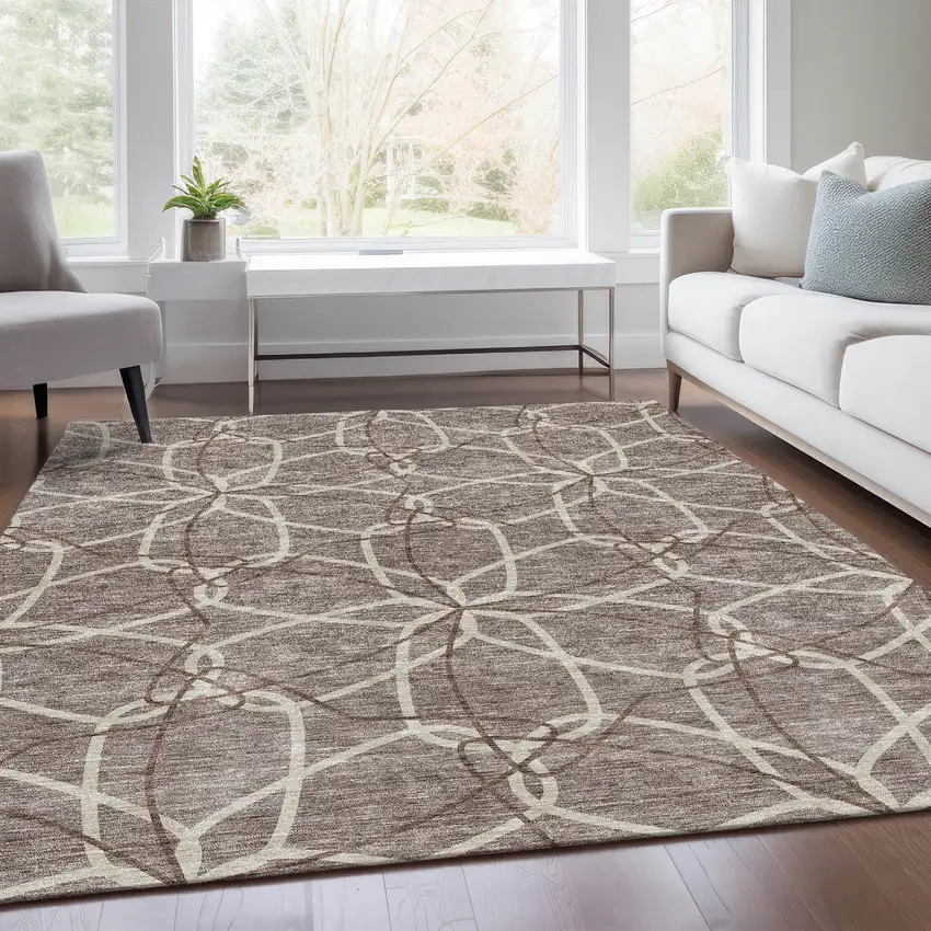 Taupe Beige And Brown Geometric Washable Area Rug With UV Protection Photo 5