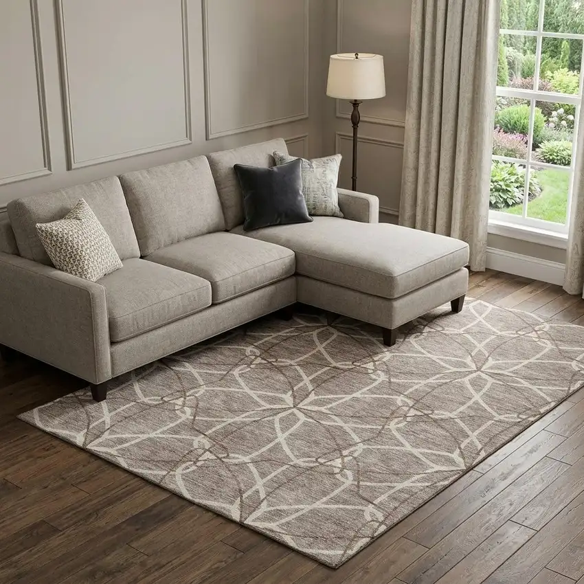 Taupe Beige And Brown Geometric Washable Area Rug With UV Protection Photo 1