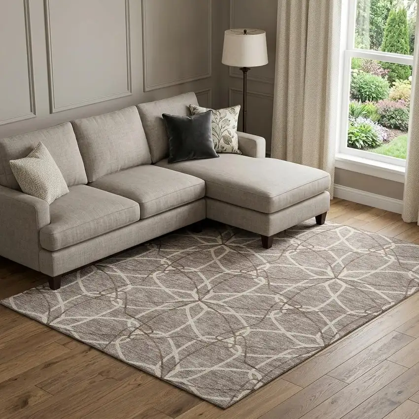 Taupe Beige And Brown Geometric Washable Area Rug With UV Protection Photo 1