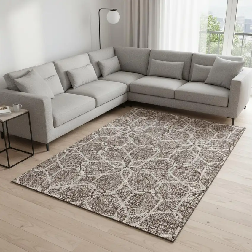 Taupe Beige And Brown Geometric Washable Area Rug With UV Protection Photo 2