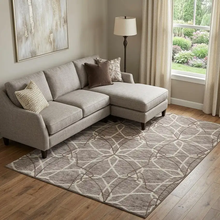 Taupe Beige And Brown Geometric Washable Area Rug With UV Protection Photo 1