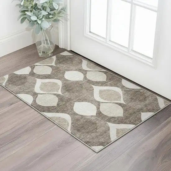 Taupe Beige And Brown Ogee Washable Area Rug With UV Protection Photo 2
