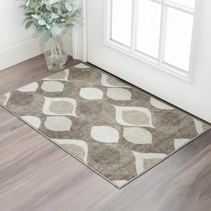 Taupe Beige And Brown Ogee Washable Area Rug With UV Protection Photo 2