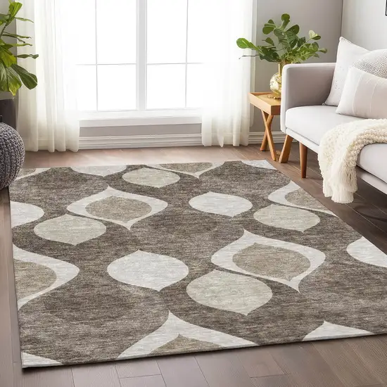 Taupe Beige And Brown Ogee Washable Area Rug With UV Protection Photo 5