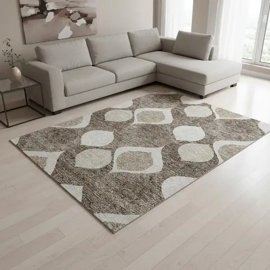 Taupe Beige And Brown Ogee Washable Area Rug With UV Protection Photo 2