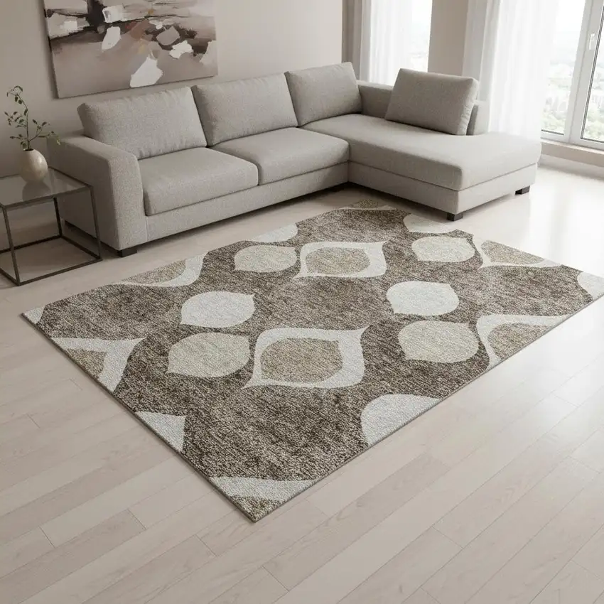 Taupe Beige And Brown Ogee Washable Area Rug With UV Protection Photo 2