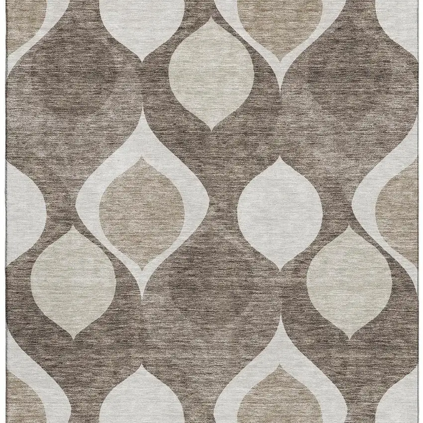 Taupe Beige And Brown Ogee Washable Area Rug With UV Protection Photo 4