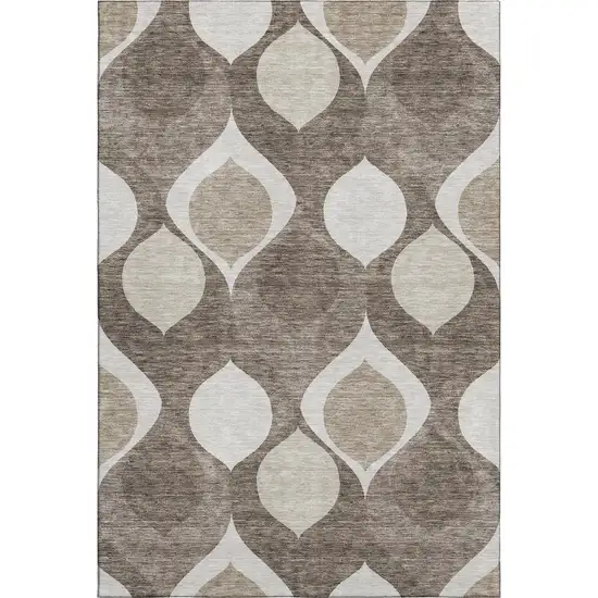 Taupe Beige And Brown Ogee Washable Area Rug With UV Protection Photo 1