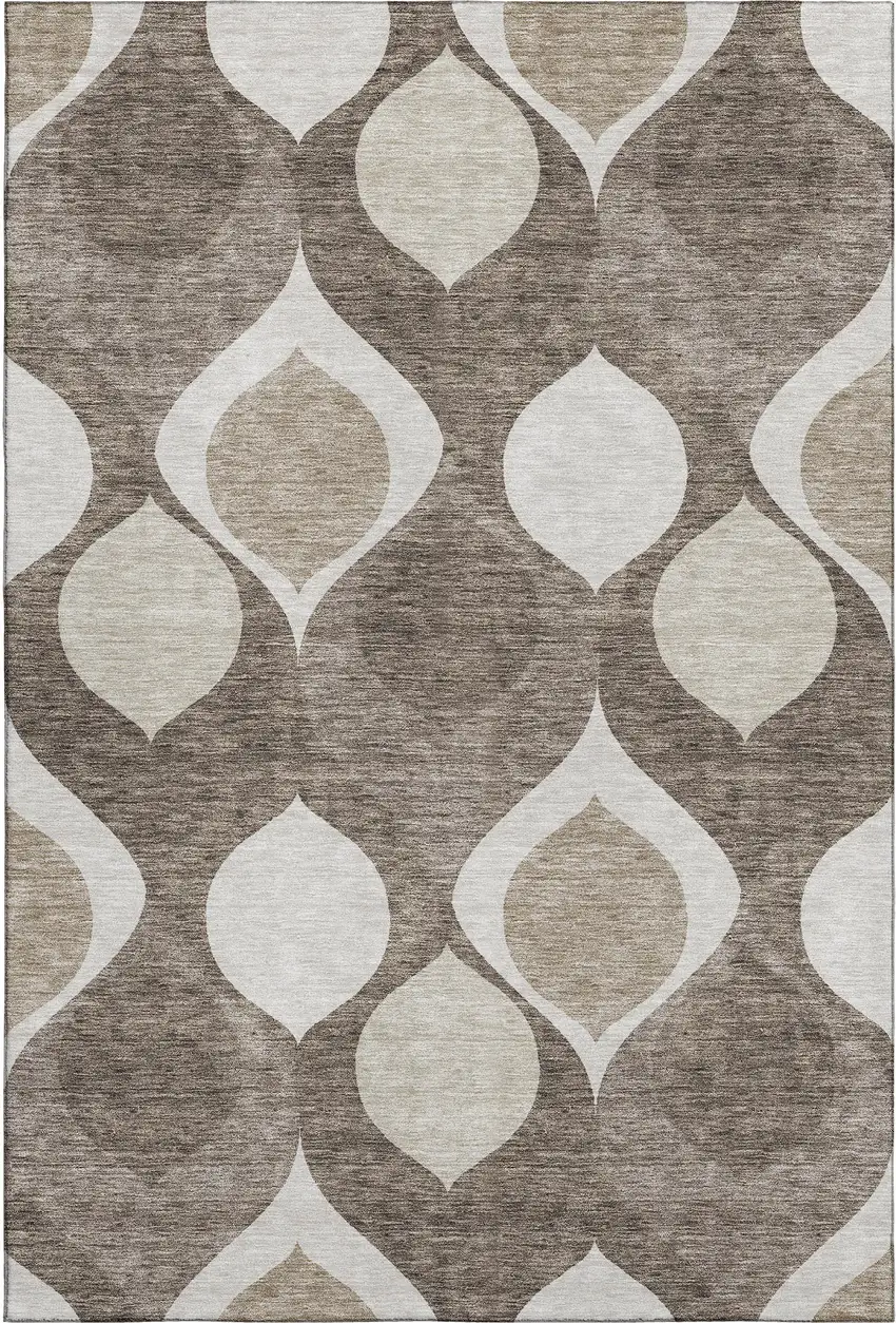 Taupe Beige And Brown Ogee Washable Area Rug With UV Protection Photo 1