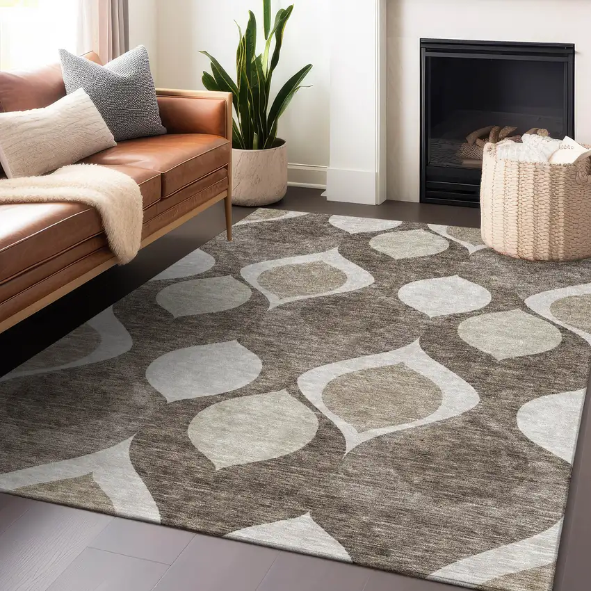 Taupe Beige And Brown Ogee Washable Area Rug With UV Protection Photo 6