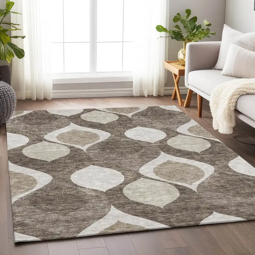 Taupe Beige And Brown Ogee Washable Area Rug With UV Protection Photo 5