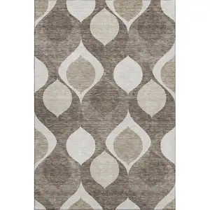 Photo of Taupe Beige And Brown Ogee Washable Area Rug With UV Protection