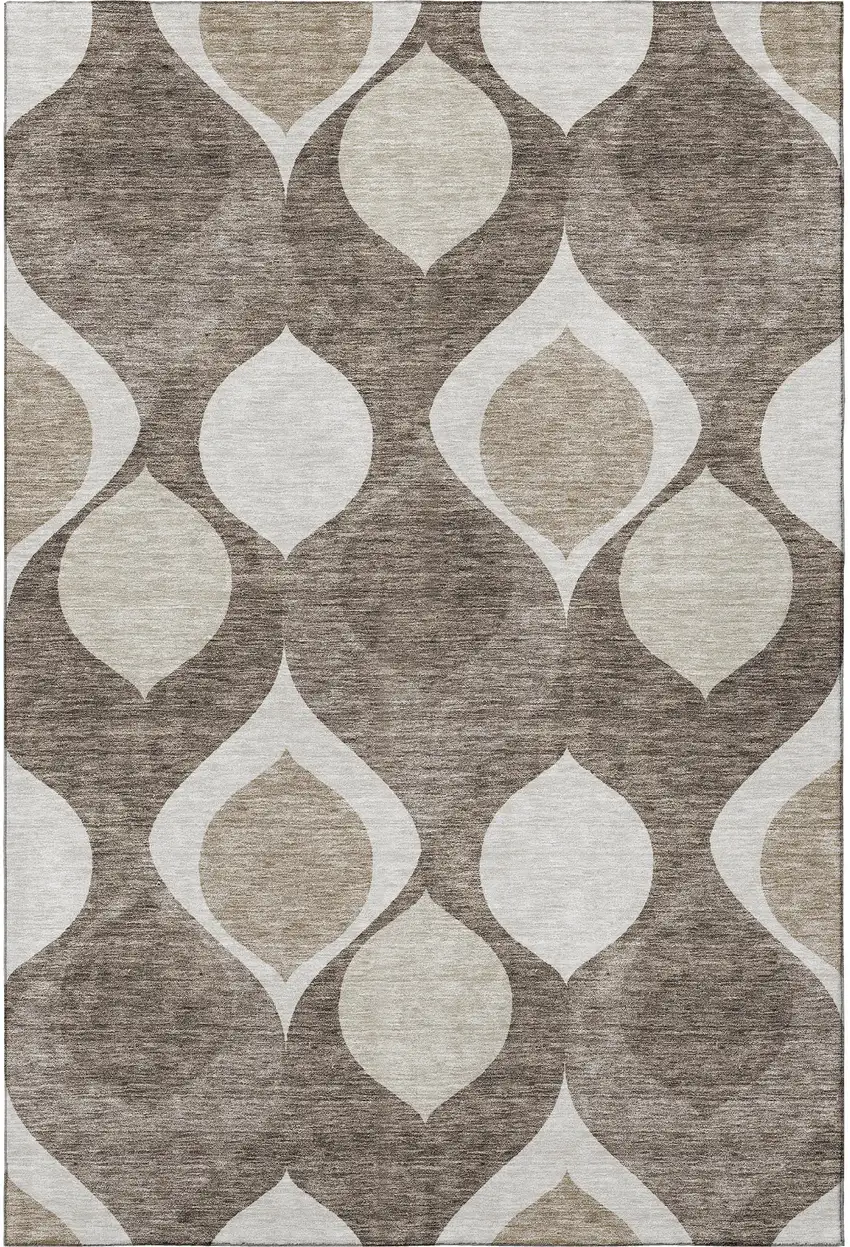 Taupe Beige And Brown Ogee Washable Area Rug With UV Protection Photo 4