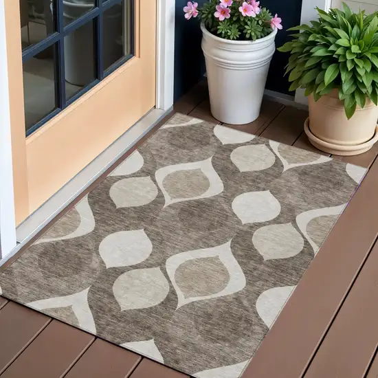 Taupe Beige And Brown Ogee Washable Indoor Outdoor Area Rug Photo 1