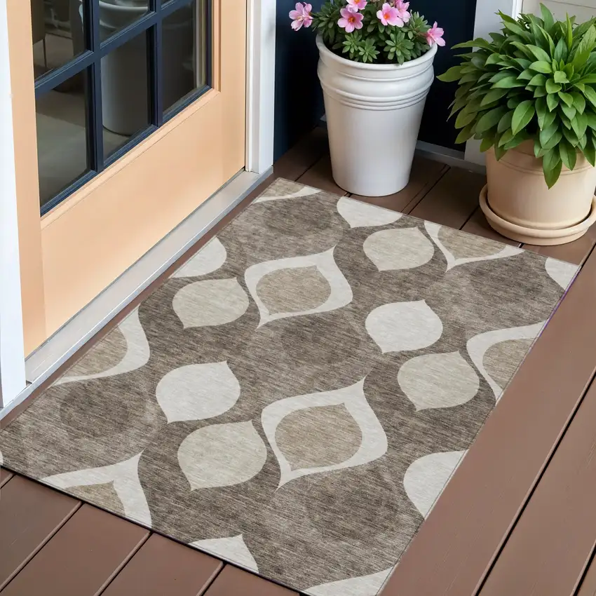 Taupe Beige And Brown Ogee Washable Indoor Outdoor Area Rug Photo 1