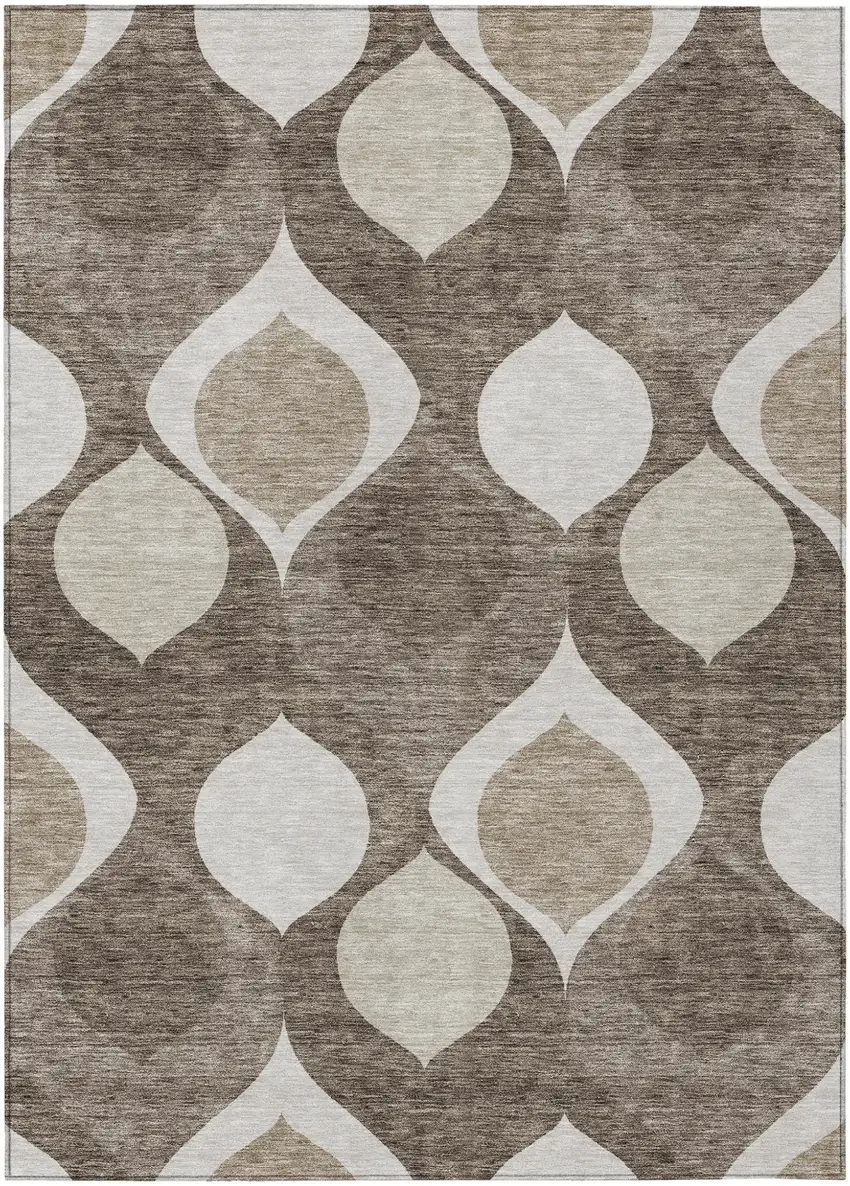 Taupe Beige And Brown Ogee Washable Indoor Outdoor Area Rug Photo 1