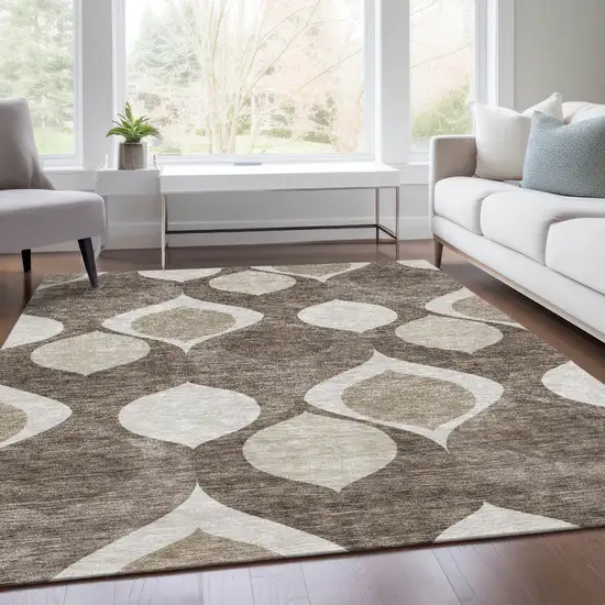 Taupe Beige And Brown Ogee Washable Indoor Outdoor Area Rug Photo 7