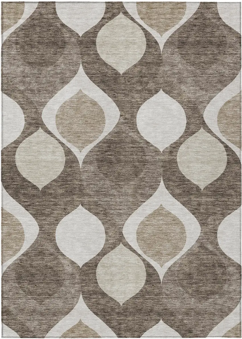 Taupe Beige And Brown Ogee Washable Indoor Outdoor Area Rug Photo 1