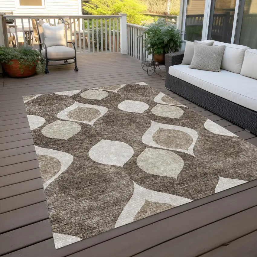 Taupe Beige And Brown Ogee Washable Indoor Outdoor Area Rug Photo 9