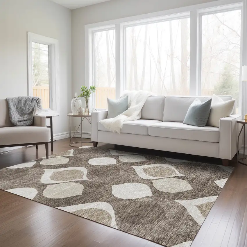 Taupe Beige And Brown Ogee Washable Indoor Outdoor Area Rug Photo 8