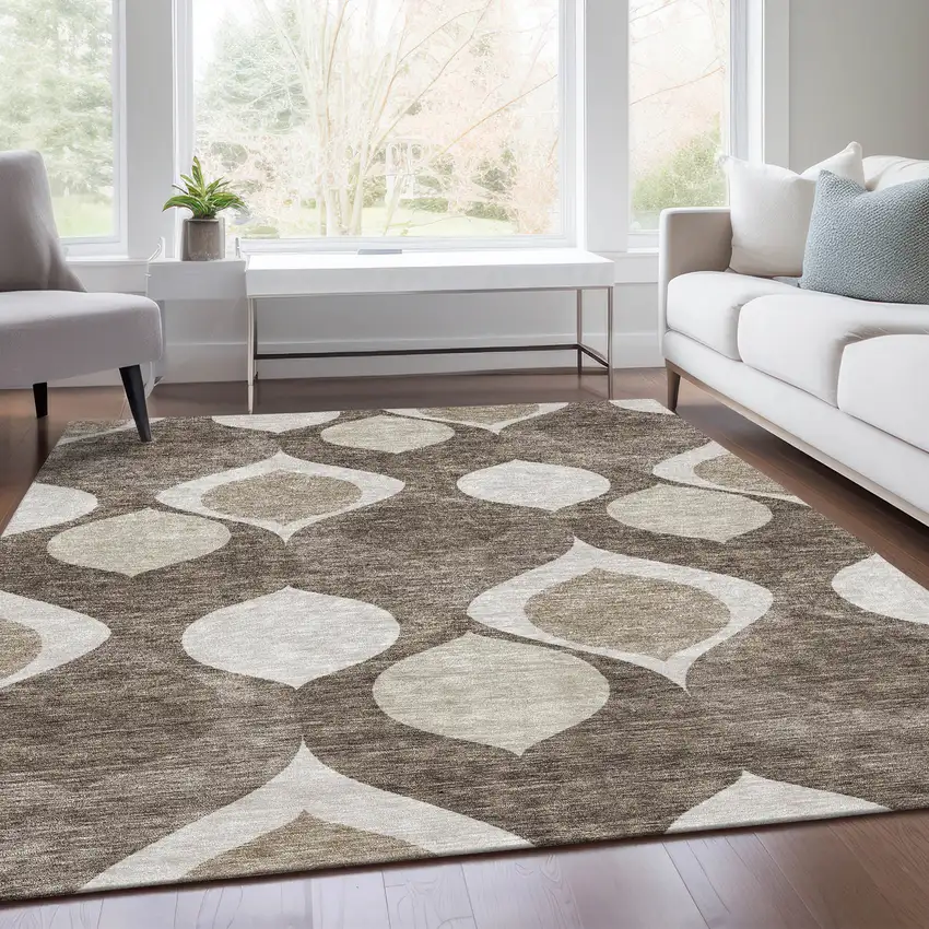 Taupe Beige And Brown Ogee Washable Indoor Outdoor Area Rug Photo 7