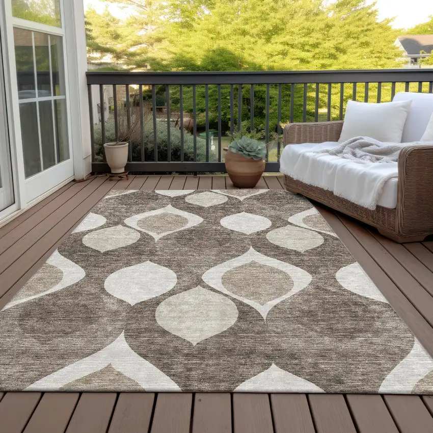 Taupe Beige And Brown Ogee Washable Indoor Outdoor Area Rug Photo 6