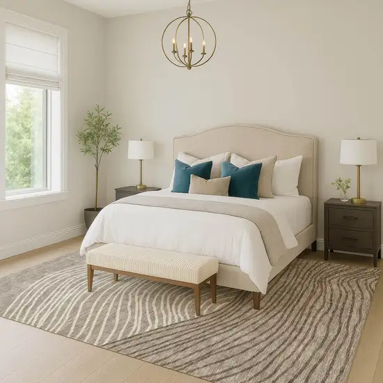 Taupe Beige And Brown Striped Washable Indoor Outdoor Area Rug Photo 8