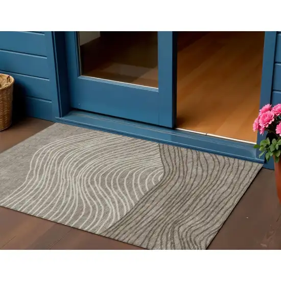Taupe Beige And Brown Striped Washable Indoor Outdoor Area Rug Photo 1