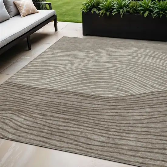 Taupe Beige And Brown Striped Washable Indoor Outdoor Area Rug Photo 1