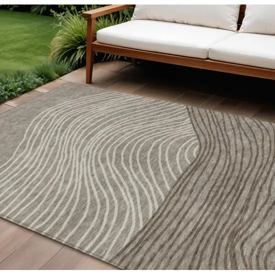 Taupe Beige And Brown Striped Washable Indoor Outdoor Area Rug Photo 1
