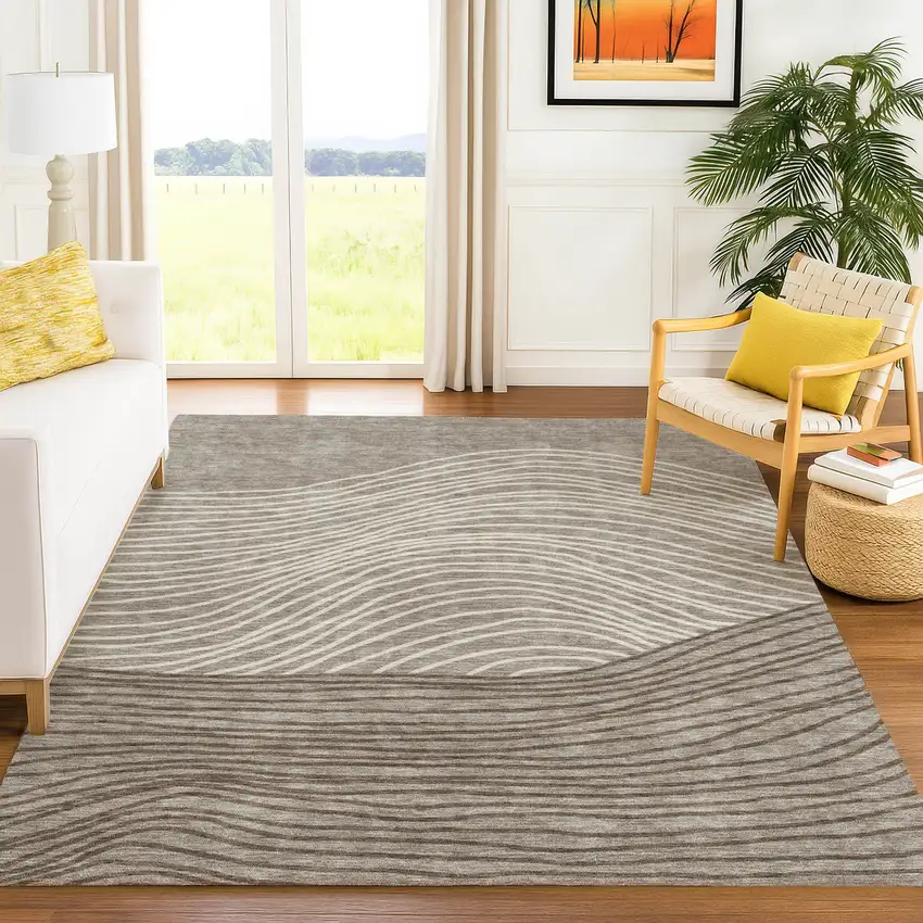 Taupe Beige And Brown Striped Washable Indoor Outdoor Area Rug Photo 9
