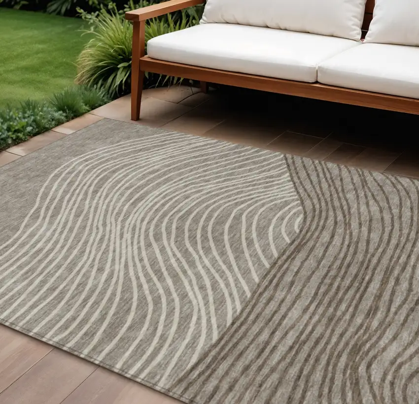 Taupe Beige And Brown Striped Washable Indoor Outdoor Area Rug Photo 1