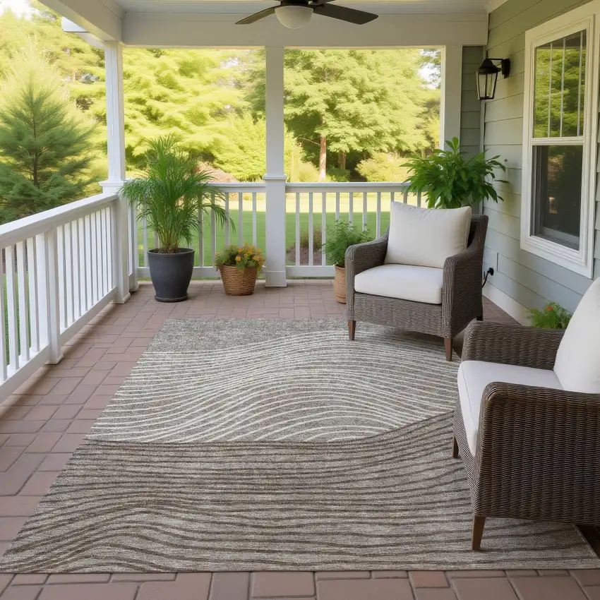 Taupe Beige And Brown Striped Washable Indoor Outdoor Area Rug Photo 9