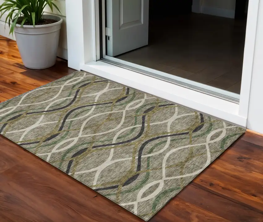 Taupe Beige And Charcoal Abstract Washable Indoor Outdoor Area Rug Photo 1