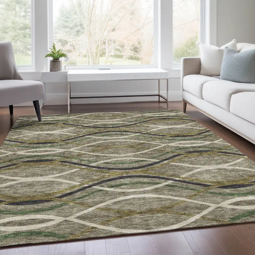 Taupe Beige And Charcoal Abstract Washable Indoor Outdoor Area Rug Photo 8