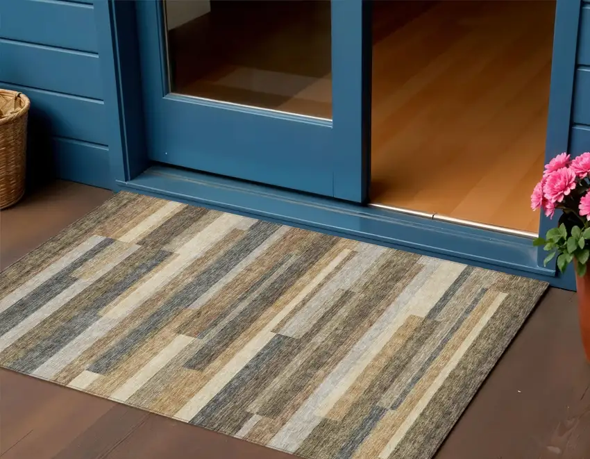 Taupe Beige And Charcoal Striped Washable Indoor Outdoor Area Rug Photo 1