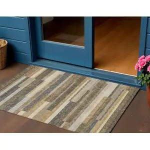 Photo of Taupe Beige And Charcoal Striped Washable Indoor Outdoor Area Rug