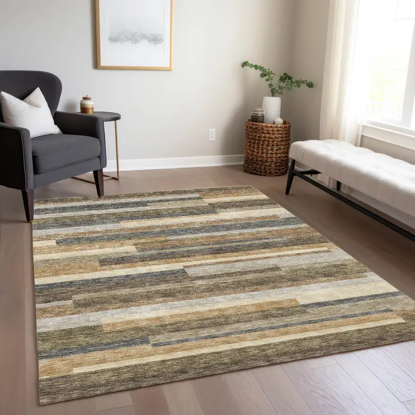 Taupe Beige And Charcoal Striped Washable Indoor Outdoor Area Rug Photo 9