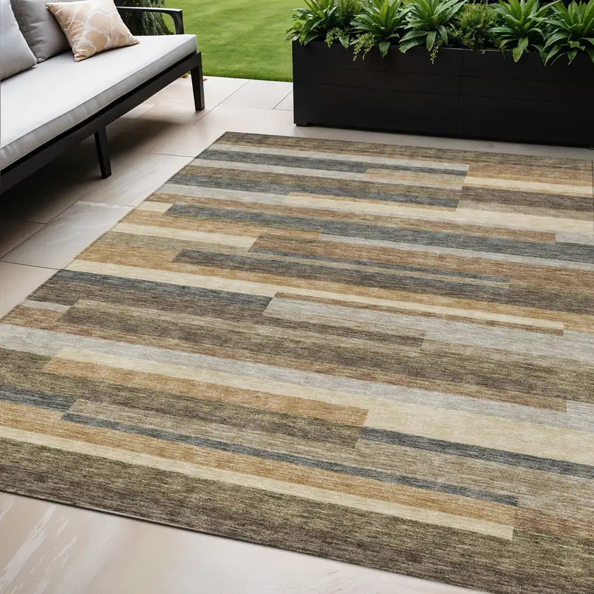 Taupe Beige And Charcoal Striped Washable Indoor Outdoor Area Rug Photo 1