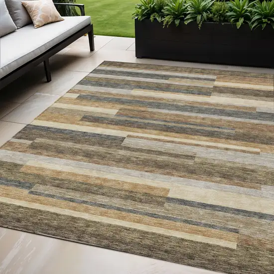 Taupe Beige And Charcoal Striped Washable Indoor Outdoor Area Rug Photo 1