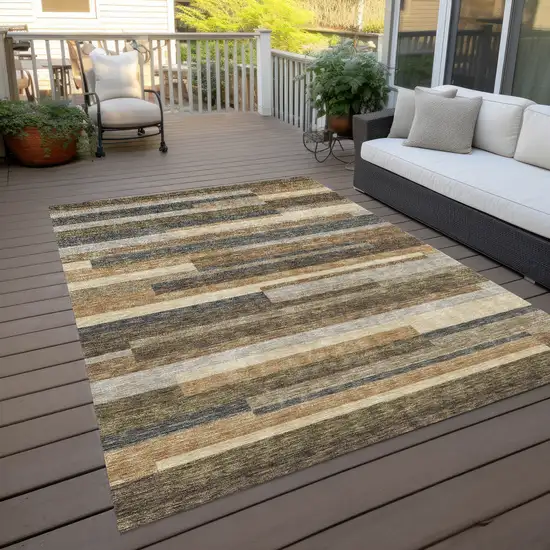 Taupe Beige And Charcoal Striped Washable Indoor Outdoor Area Rug Photo 9