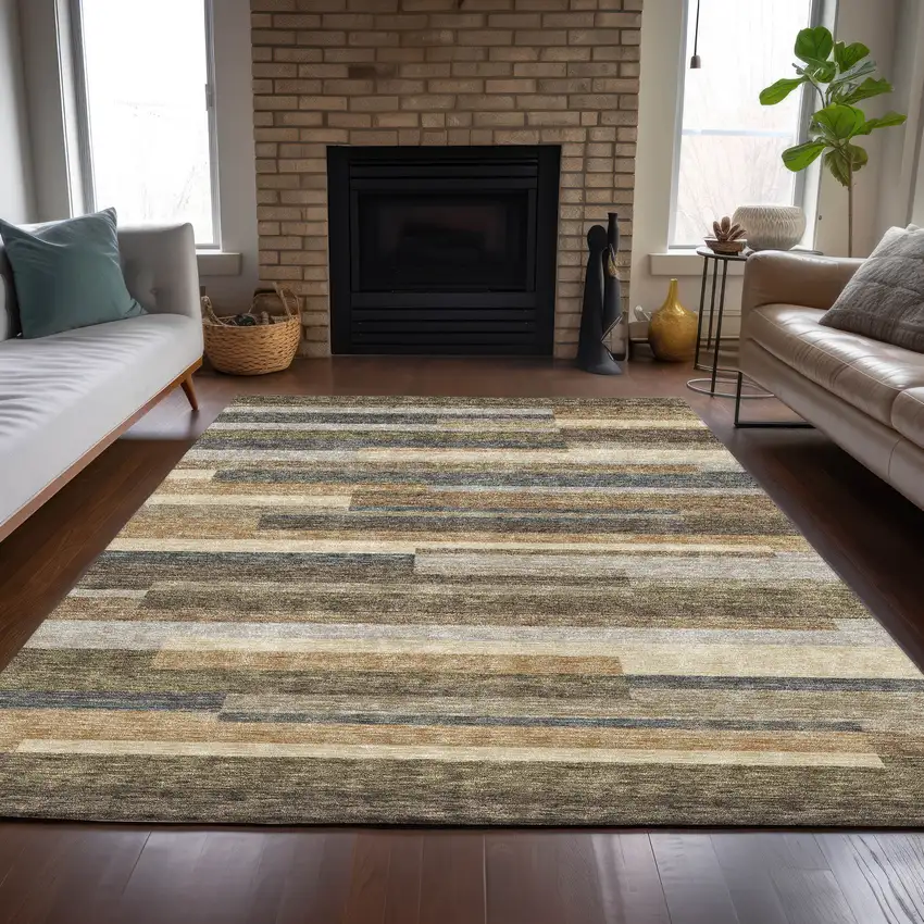 Taupe Beige And Charcoal Striped Washable Indoor Outdoor Area Rug Photo 6
