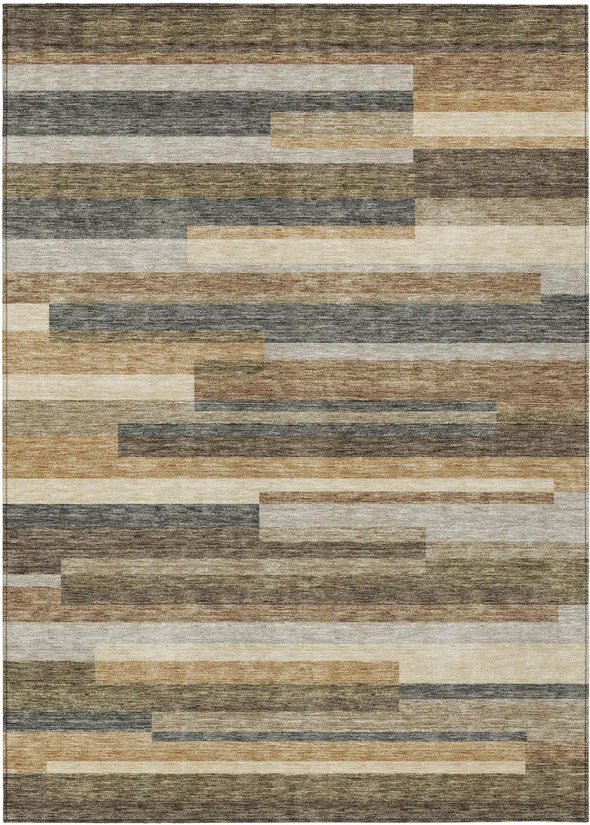 Taupe Beige And Charcoal Striped Washable Indoor Outdoor Area Rug Photo 1