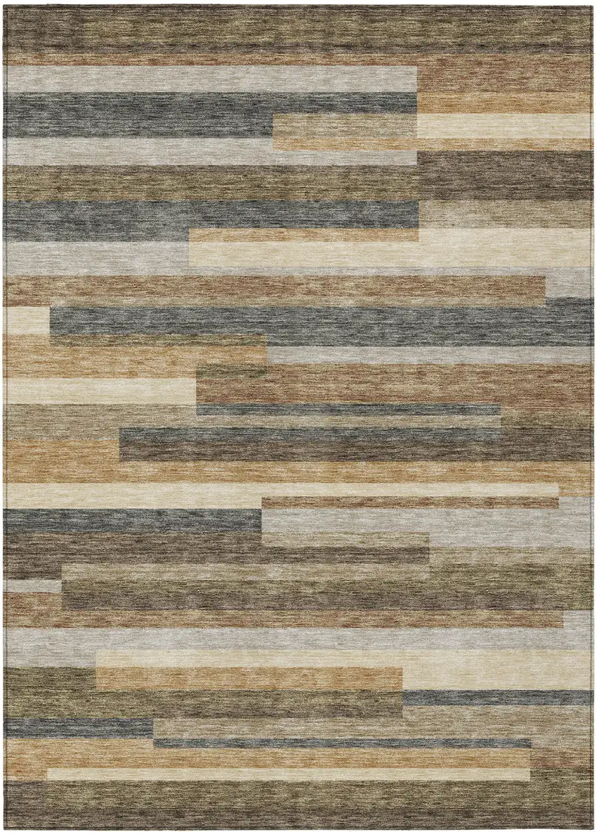 Taupe Beige And Charcoal Striped Washable Indoor Outdoor Area Rug Photo 1