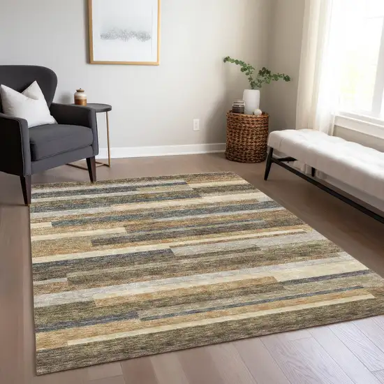 Taupe Beige And Charcoal Striped Washable Indoor Outdoor Area Rug Photo 7